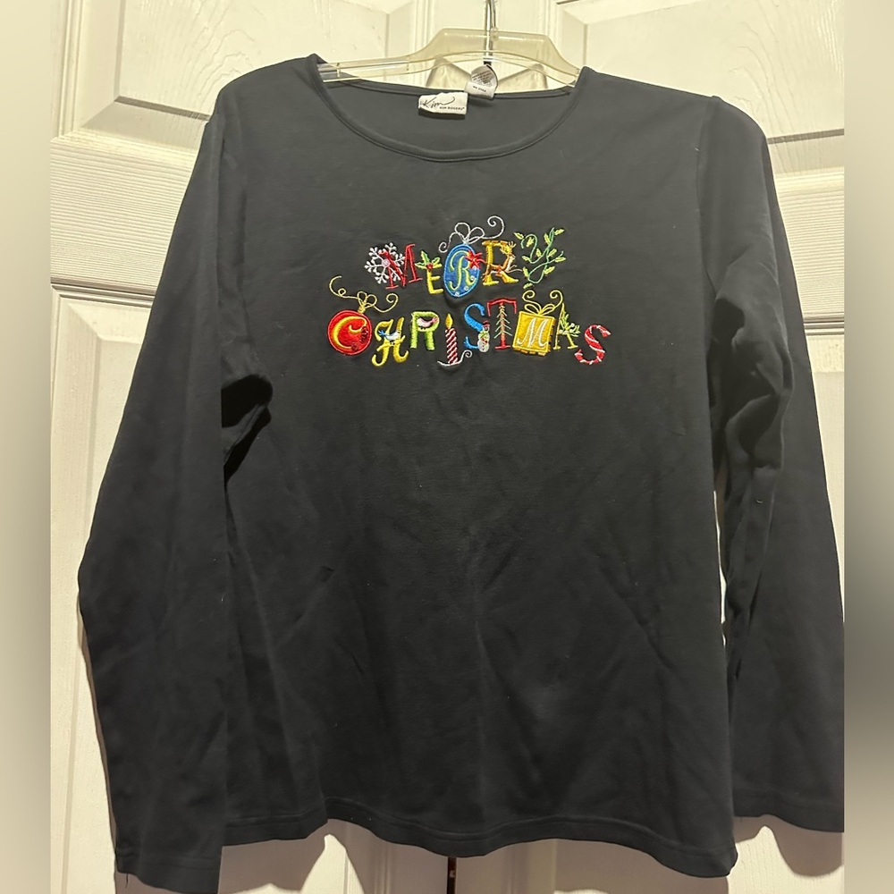 Vintage Kim Rogers XL black long sleeeve top with embroidered Merry Christmas